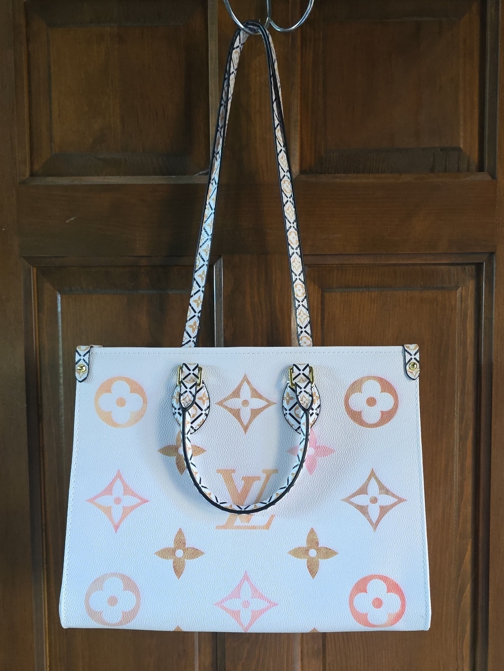 White Leather Tote With Pink & Tan Monogram, Canvas Interior, Like New